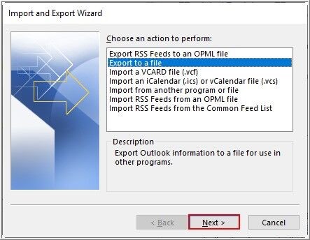 2_Choose Export to a file and click Next